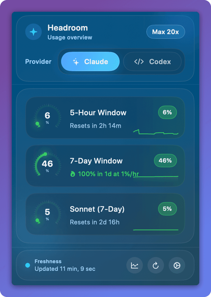 Usage overview with live gauges for each rate limit window